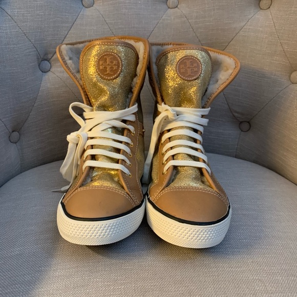 Tory Burch Benjamin camel and gold high top sneakers. Size 9 - Picture 1 of 15